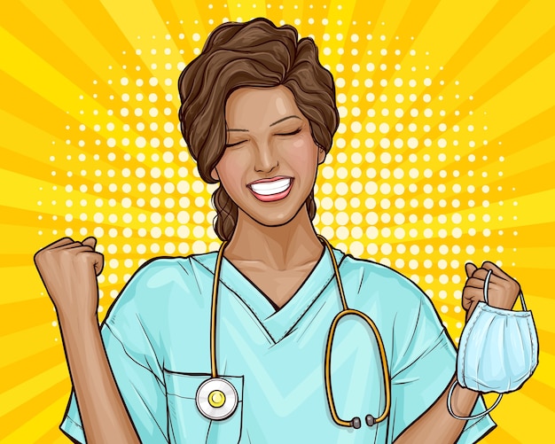 Бесплатное векторное изображение Поп-арт иллюстрация доктора счастлива, вирус побежден. молодая афроамериканка сняла медицинскую маску, конец эпидемии. изобретение медицины, вакцины, лекарства от болезней.