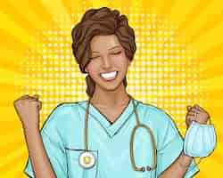 無料ベクター 医者のポップアートのイラストは幸せで、ウイルスは打ち負かされました。若いアフリカ系アメリカ人女性は、流行の終わりに、医療用マスクを脱いだ。薬の発明、ワクチン、病気の治療。