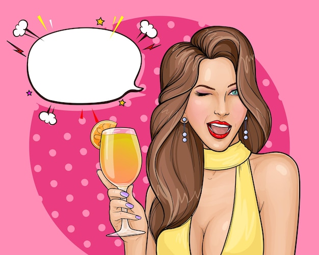 Pop art illustration of sexy woman in dress with open mouth holding a cocktail