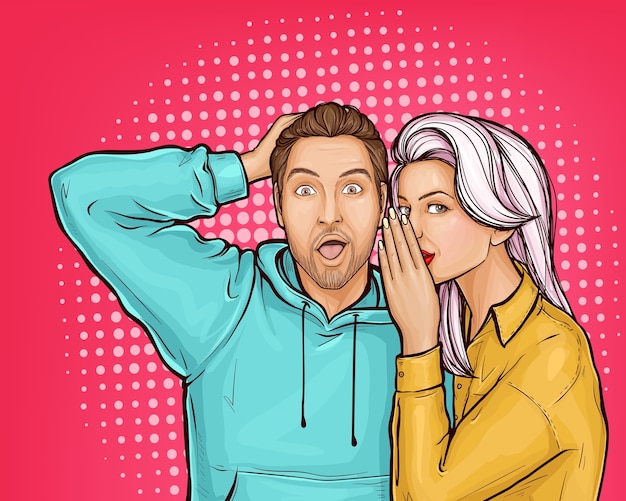 Free vector pop art male person with shock emotions on his face listening young woman.