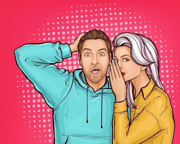 Pop art male person with shock emotions on his face listening young woman.