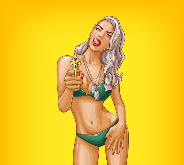 Vettore gratuito pop art sexy ragazza gangster armata di pistola