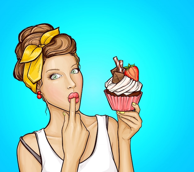 Pop art sexy girl with sweet cupcake