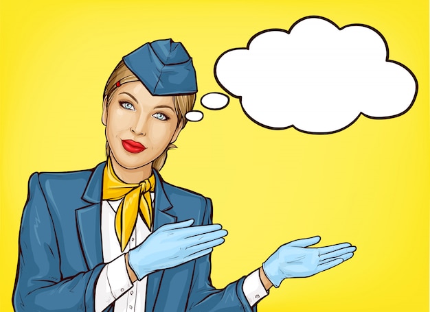 Free vector pop art stewardess in blue uniform