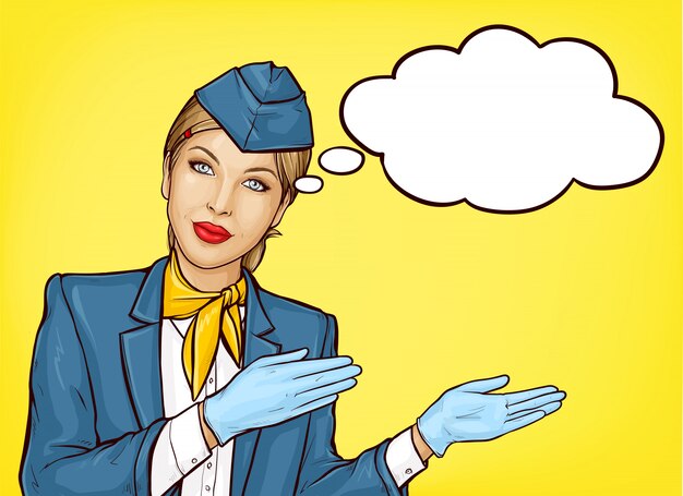 Pop art stewardess in blue uniform