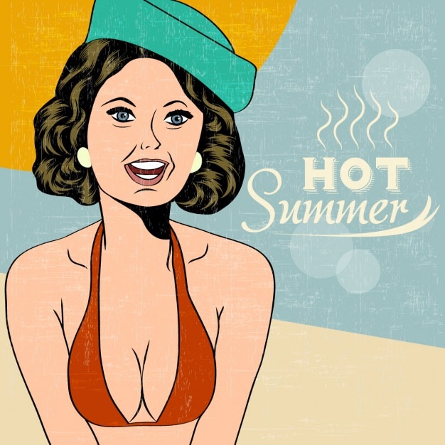 Vettore gratuito hot estate ragazza pop art sulla spiaggia