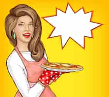 Free vector pop art woman holding tray with pizza