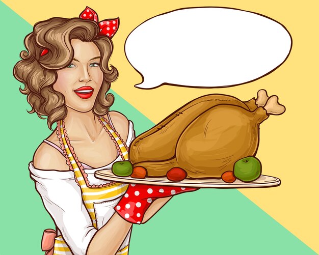 Pop art of woman holding tray with turkey cartoon illustration