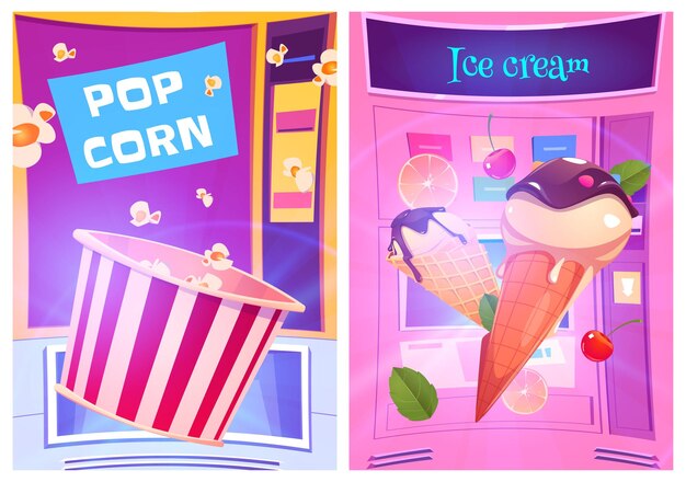 Pop corn and ice cream snacks at vending machine