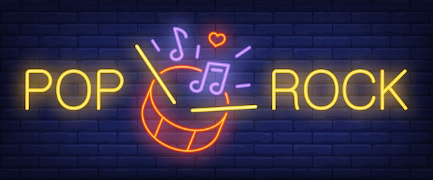 Free vector pop, rock neon text with drum, sticks and music notes