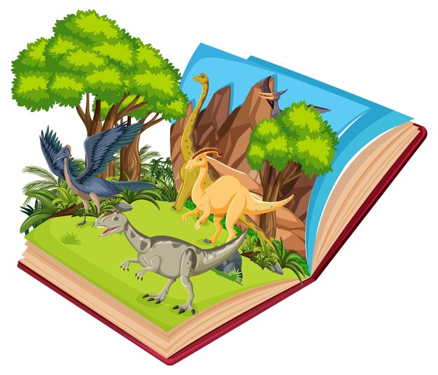 Pop up book with outdoor nature scene and dinosaur