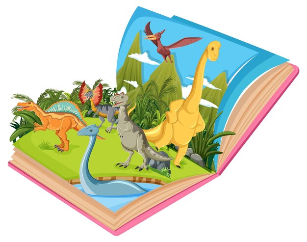 Pop up book with outdoor nature scene and dinosaur