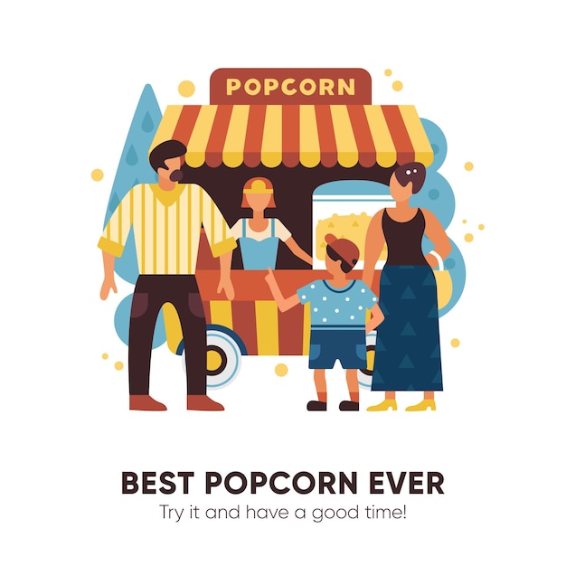 Free vector popcorn van with sellers buyers and family symbols flat vector illustration