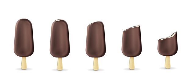 Popsicle ice cream on stick row from whole to bitten isolated on white.