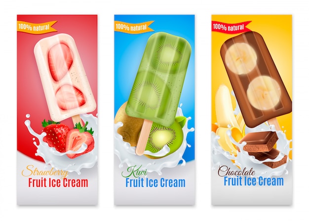 Free vector popsicles realistic banners with advertising of strawberry kiwi and chocolate fruit ice cream isolated illustration