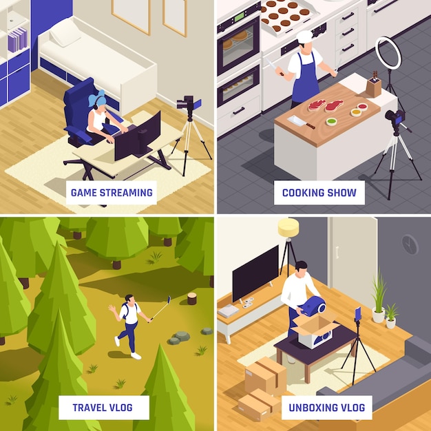 Free vector popular blogger types 4 isometric compositions video game streaming cooking show travel and unboxing vlogs vector illustration