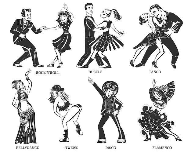 Popular native dance black icons set