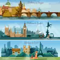 Free vector popular touristic cities flat banners set