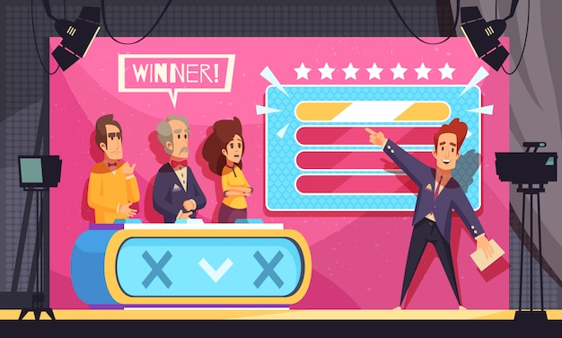 Free vector popular tv guess word game television show final moment cartoon composition with host contestants winner