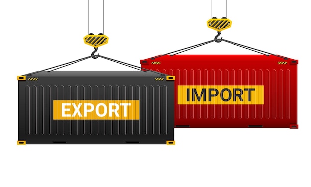 Портовый кран поднимает два грузовых контейнера со словами импорта и экспорта