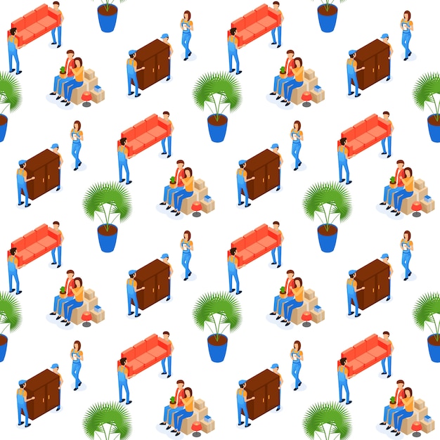 Free vector porters carry furniture seamless pattern