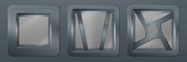 Free Vector porthole in spaceship, metal square windows