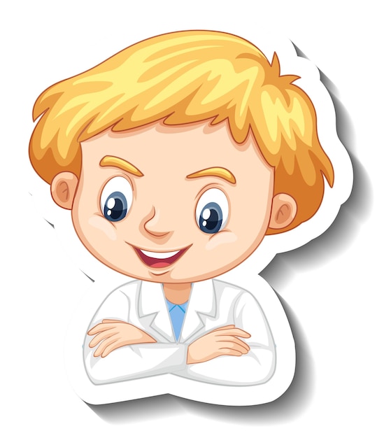 Free vector portrait of a boy in science gown cartoon character sticker