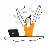 Free vector portrait of an excited young girl with laptop computer and celebrating success