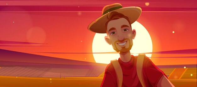 Portrait of happy man on background of evening sun