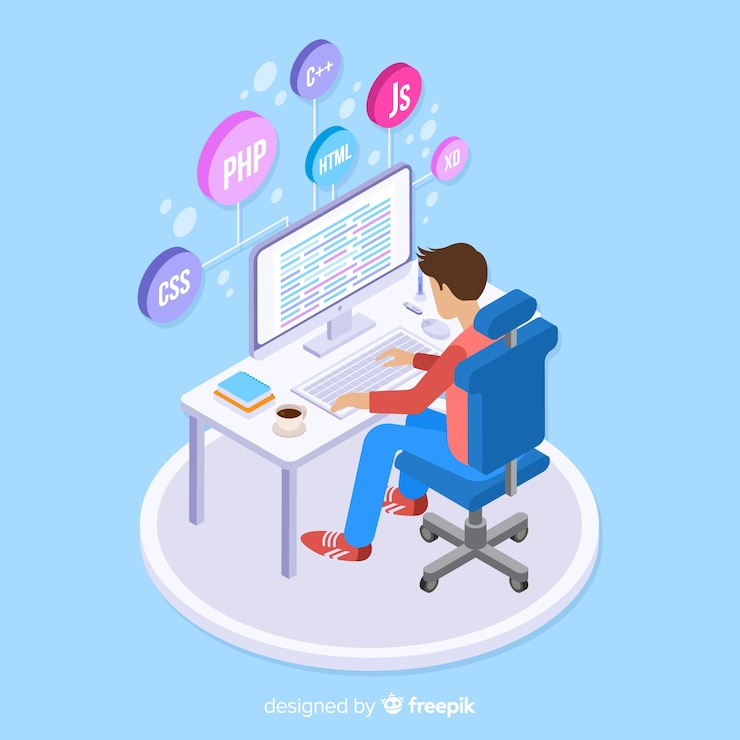 Free Vector portrait of programmer working with pc