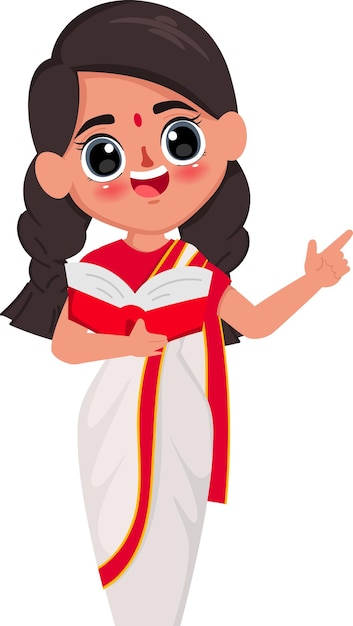 무료 벡터 사리를 입은 젊은 인도 여성의 초상화 비즈니스 우먼 만화 캐릭터 디자인