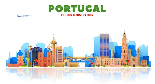 Illustrazione vettoriale dello skyline di lisbona e porto delle città del portogallo su sfondo bianco concetto di viaggi d'affari e turismo con famosi punti di riferimento del portogallo