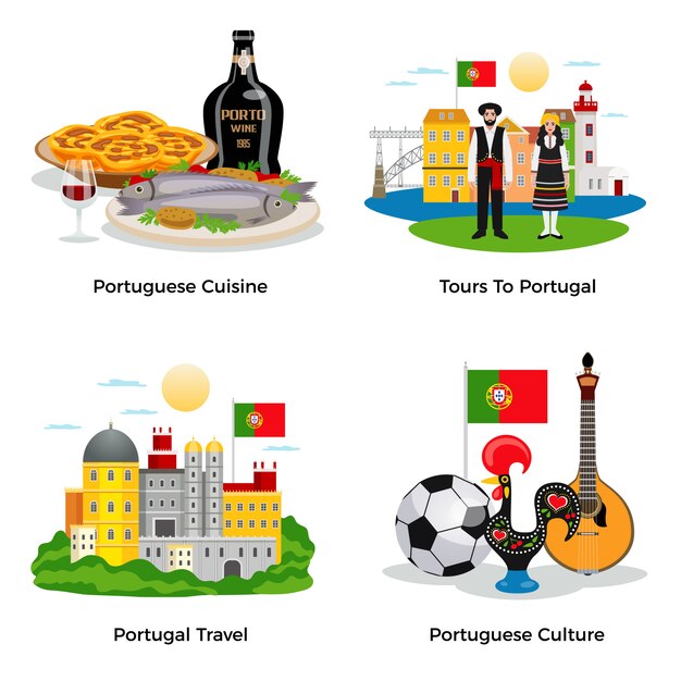 Значки концепции туризма Португалии установили при изолированная квартира символов кухни и культуры