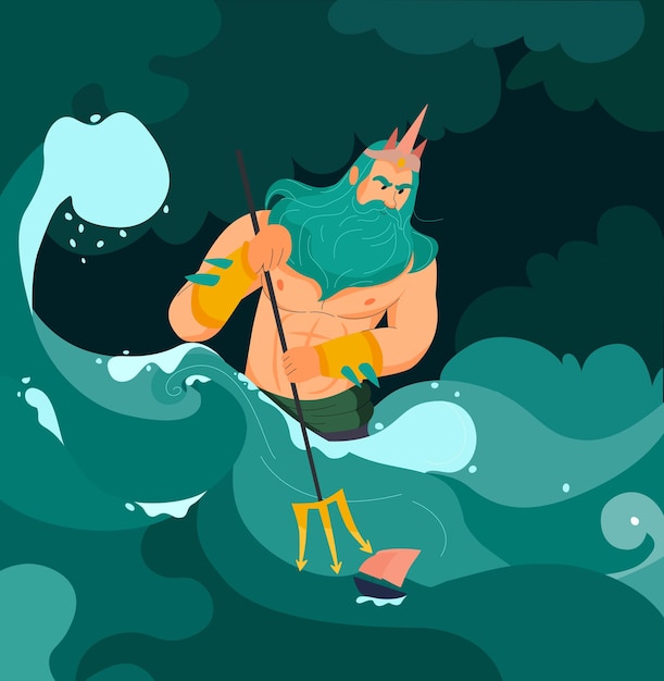 Poseidon greek god of sea with trident cartoon illustration