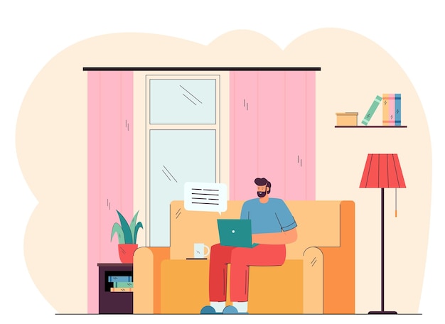 Positive man sitting on sofa and working on laptop flat illustration