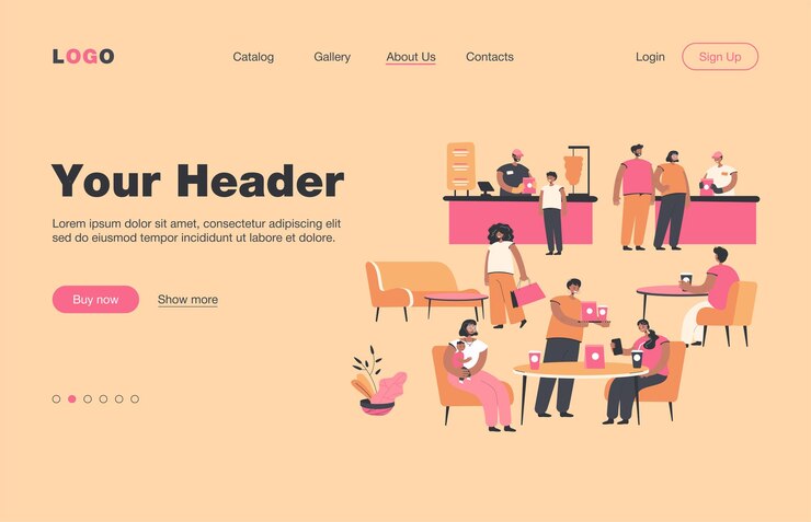Free Vector positive people eating in cafe isolated flat  landing page. cartoon characters having lunch in food court. cafeteria interior and restaurant in shopping mall concept
