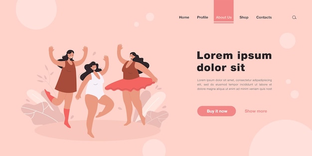 Donne positive plus size in bikini e costume da bagno che ballano landing page in stile piatto