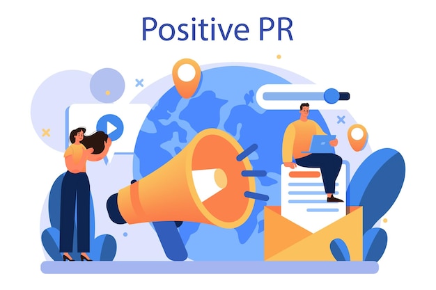Positive public relations concept successful brand advertising building relationships with customer maintenance of the brand reputation flat vector illustration Free Vector