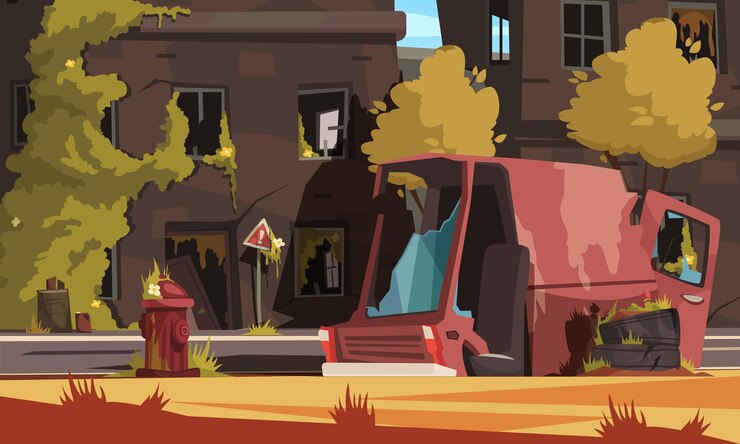 Free Vector post apocalypse city cartoon  with empty destroyed living buildings and automobile