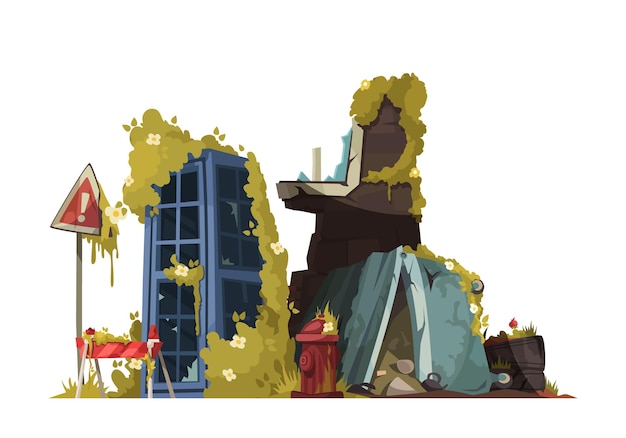 Бесплатное векторное изображение Концепция дизайна пост-апокалипсиса с обломками здания и забором со знаком опасности возле уцелевшего мультфильма телефонной будки