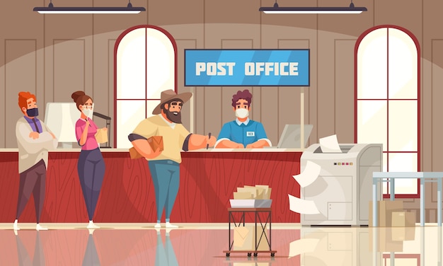 Post office interior cartoon composition customers queue waiting for counter clerk