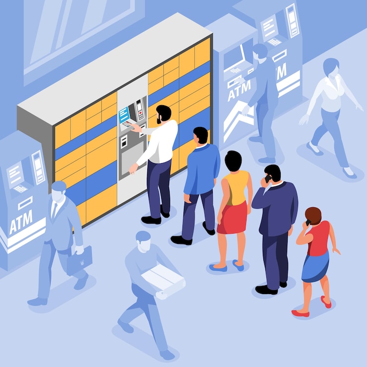 Free Vector post terminal with people standing in line to automated lockers isometric illustration