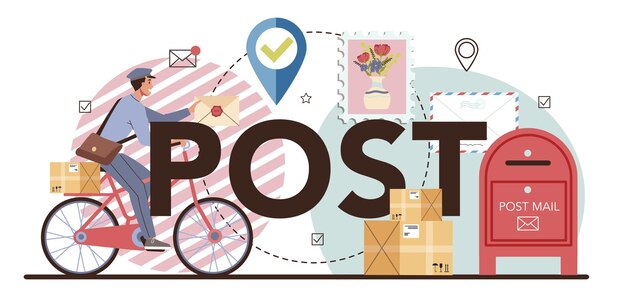 Post typographic header Post office staff providing mail service accepting of letter and package Delivery and international comunication Isolated flat vector illustration