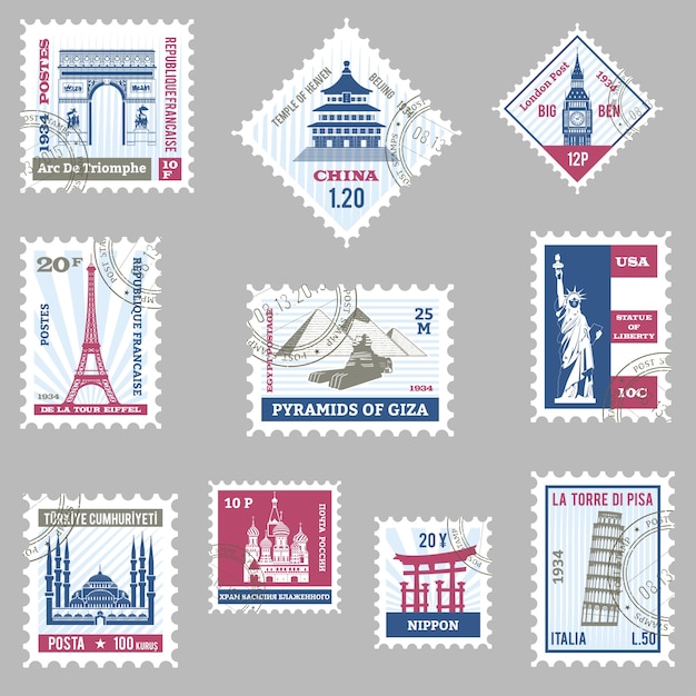 Vintage travel stamps for postcards with europe countries architecture By  Tartila