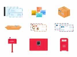 무료 벡터 우편 배달 서비스 개체는 패키지 및 소포 소인을 설정하고 편지 및 우표 포스트 랙 및 사서함을 포장합니다.