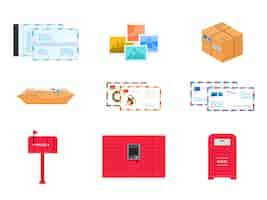 Free vector postal delivery service objects set package and parcel postmark and envelops letter and postage stamp post rack and mailbox