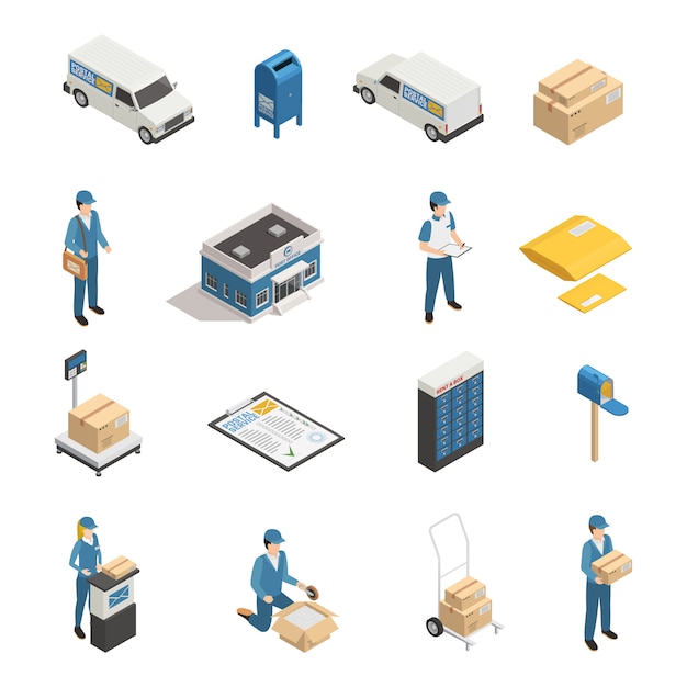 Postal service isometric icons set