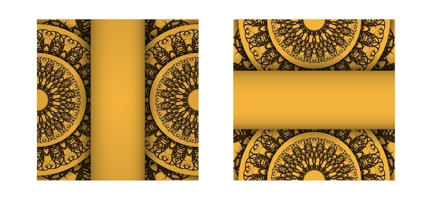 The postcard is yellow with a vintage brown pattern and is ready for printing.