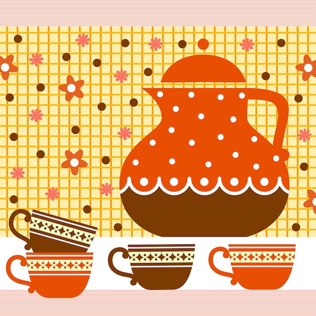 Free vector postcard teapot and mugs. kitchen pattern.