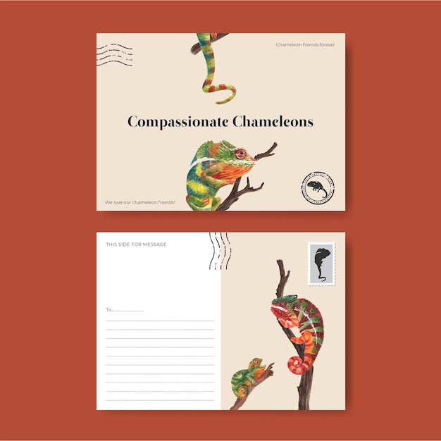 Шаблон открытки с ящерицей-хамелеоном в стиле акварели